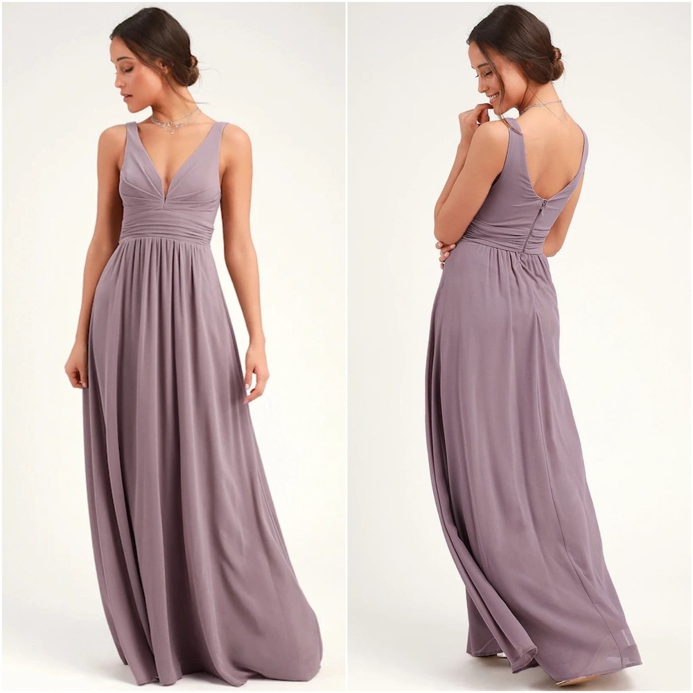 NWT Lulus Dusty Leading Role Taupe Mauve VNeck Maxi Dress Bridesmaid Formal Sz S